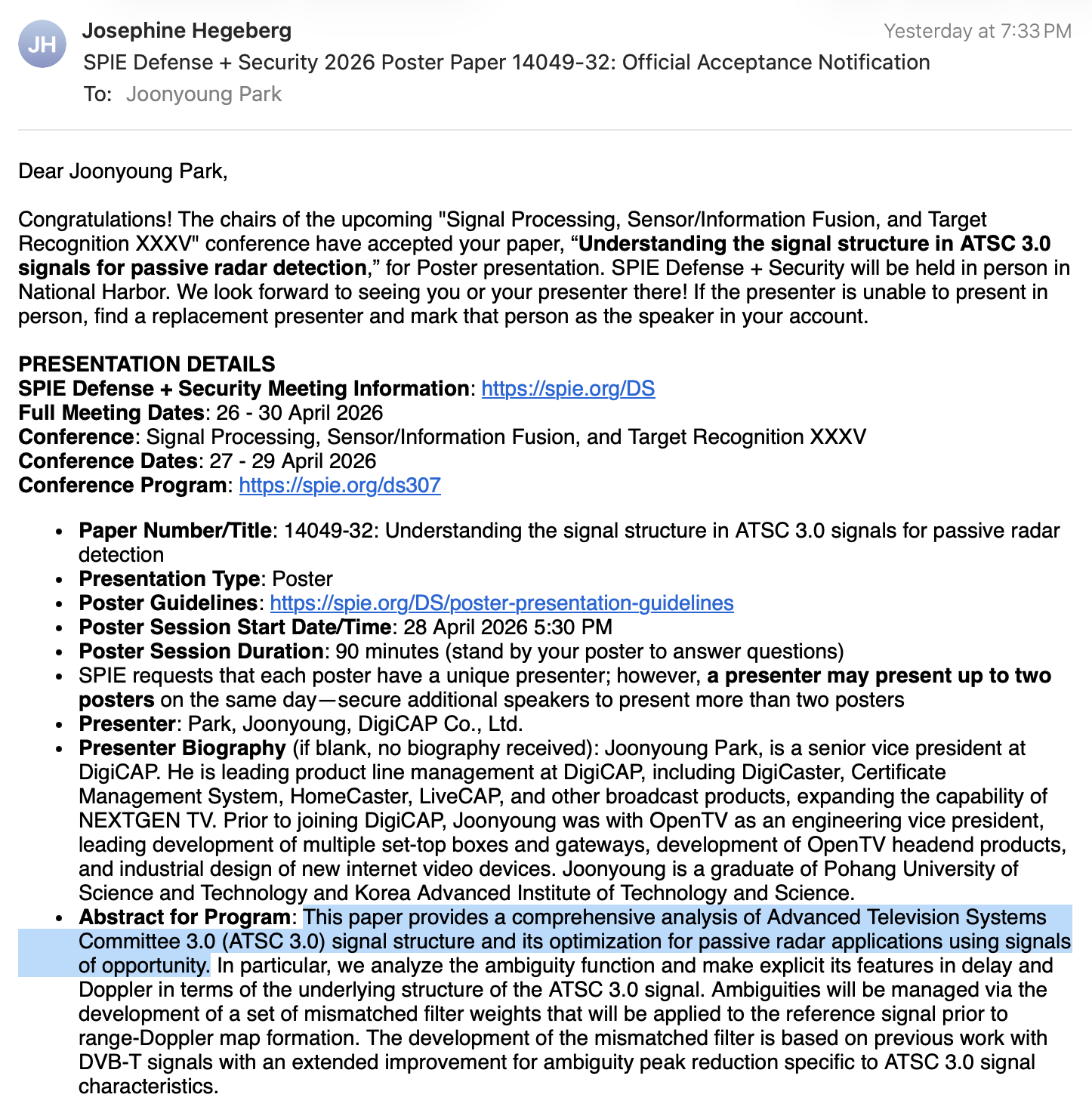 Paper on ATSC 3.0 passive radar accepted at SPIE Defense + Security 2026